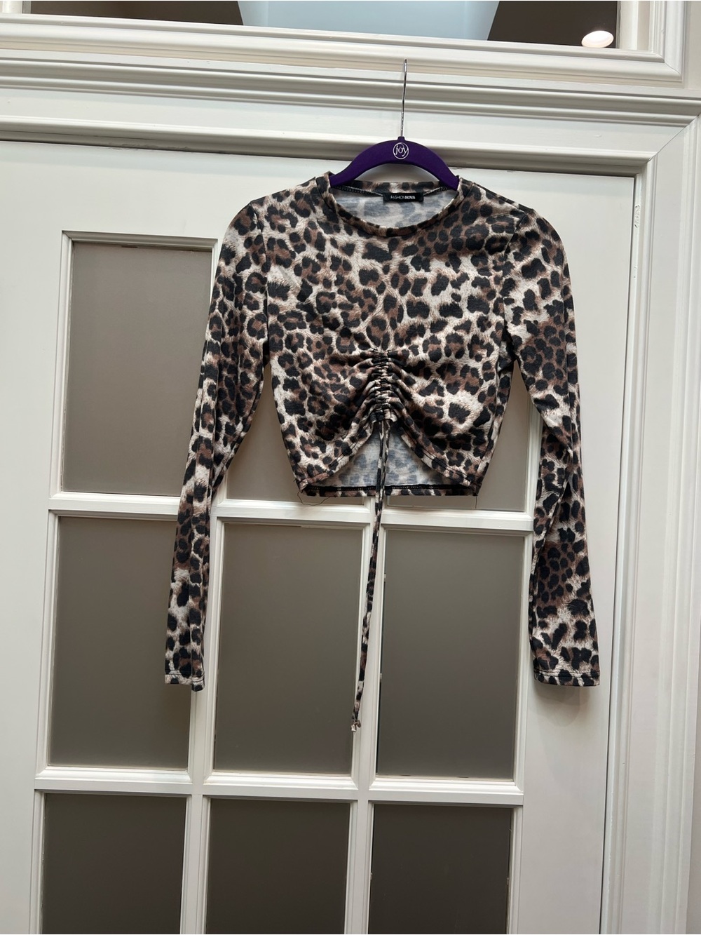 Fashion Nova Leopard Ruched Front Long-Sleeve Crop Top - Brown/Black